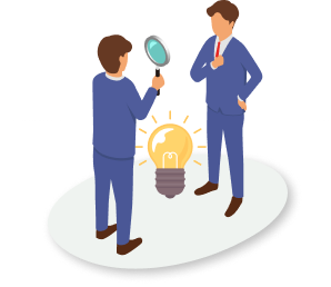 向き合う二人お社員。片方が虫眼鏡を相手にかざしていて、真ん中には電球が光っている