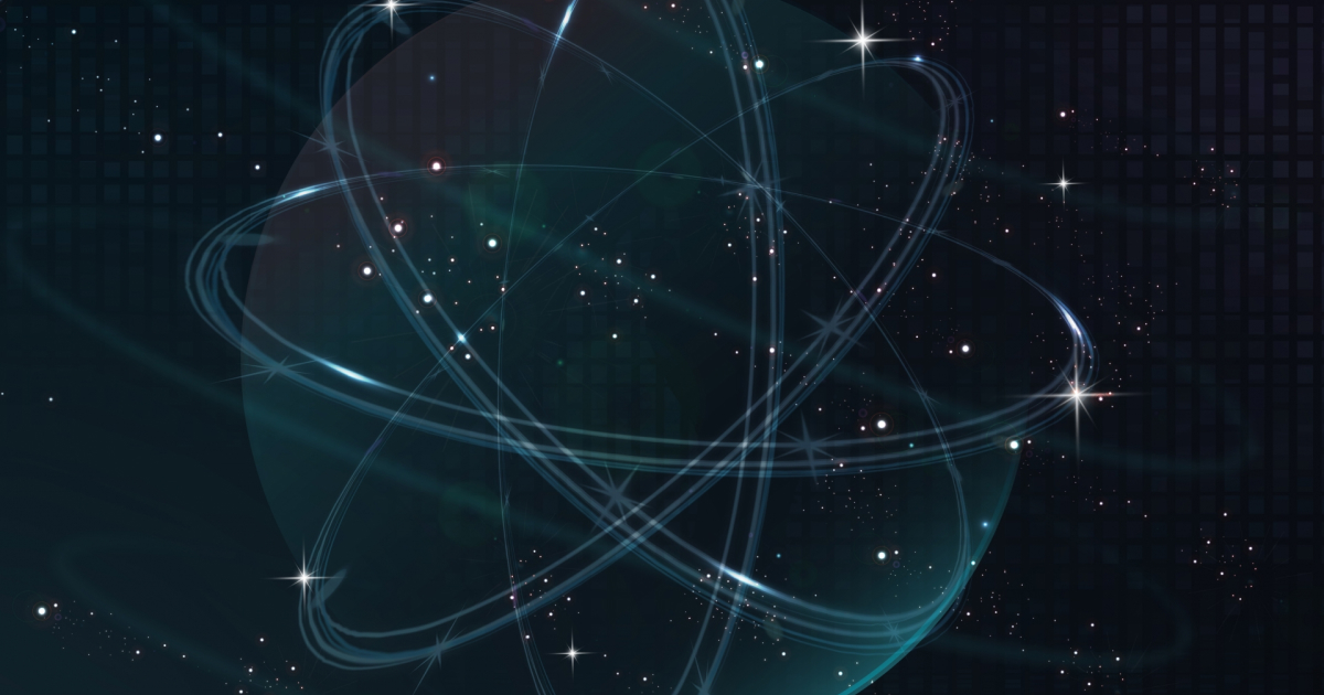 宇宙空間に浮かぶ電子軌道のイメージ。光る軌道と星が散りばめられている